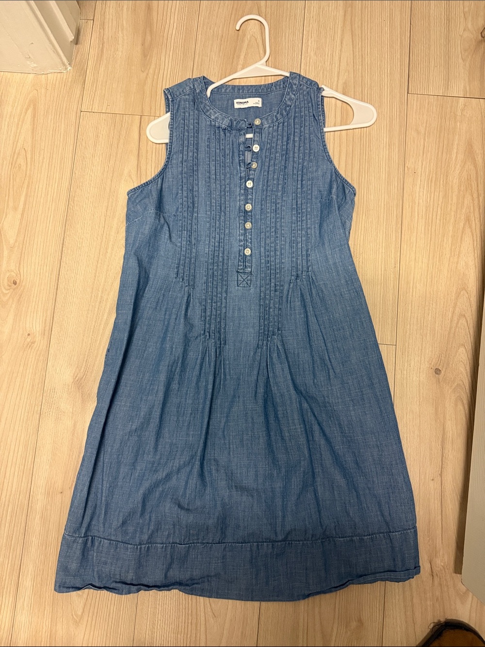 Sonoma Sleeveless Chambray Pintuck Mini Dress in Light Blue